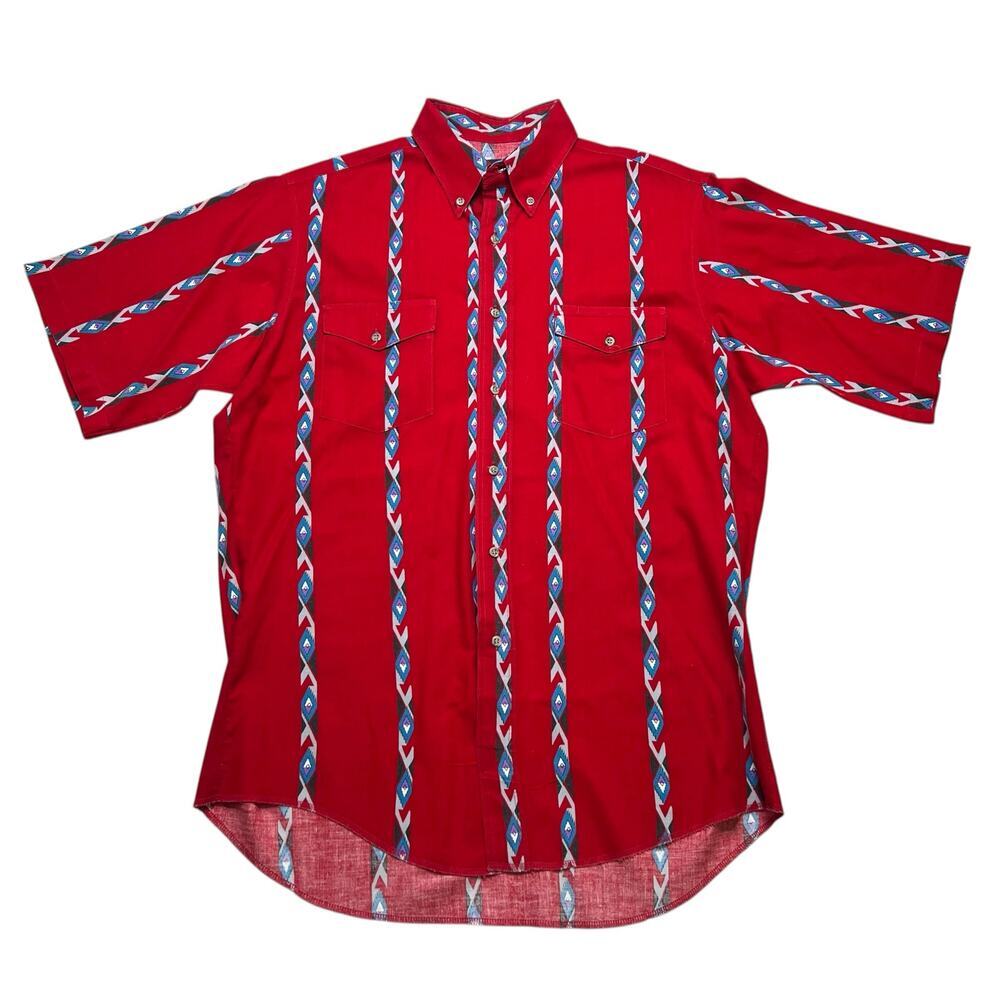 Vintage Wrangler Cowboy Cut Western Shirt Red Aztec Stripe Pattern XL 16